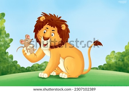 Illustration of kids story lion and rat.
