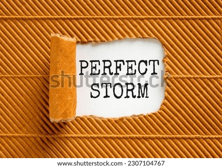 Perfect storm symbol. Concept words Perfect storm on beautiful white paper. Beautiful brown paper cardboard background. Business and Perfect storm concept. Copy space.