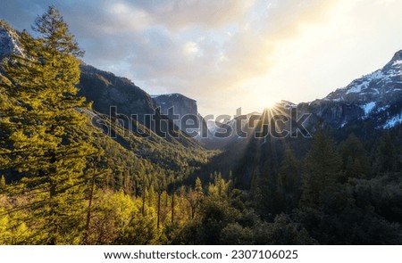panorama photo of yosemite national park view with waterfall , yosemite valley, USA