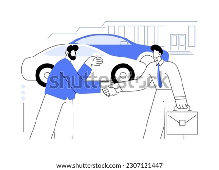 Franchise dealership abstract concept vector illustration. Auto seller with client who buys new car from manufacturers, franchise dealership, distributorship company abstract metaphor. Royalty-Free Stock Photo #2307121447