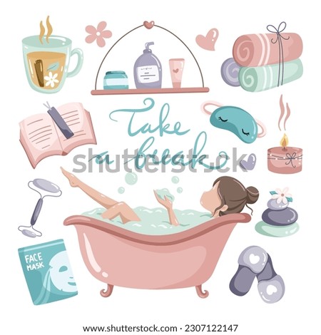 Set of me time clip art. a woman bath in tub, slipper, face mask, book, chamomile tea, towel, shampoo, soap, relaxation