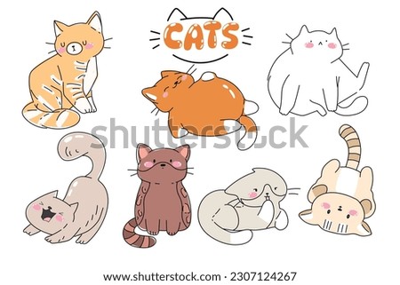 Cute and funny cats doodle vector set. Cartoon cat or kitten characters design collection with flat color in different poses. Set of purebred pet animals isolated