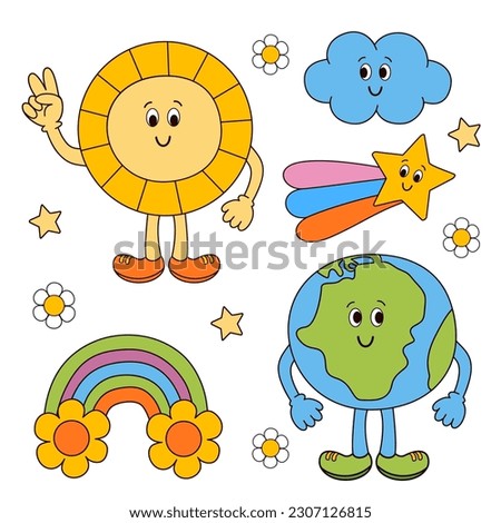 set of isolated funny sun,Earth, cloud, rainbow, star