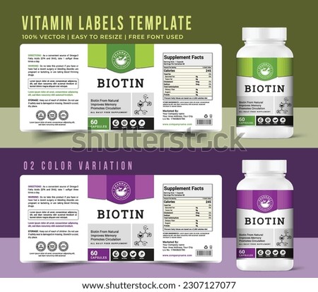 Multi vitamin label design bottle jar multivitamin food supplement banner packaging sticker label biotin product, print ready graphic art vector quality new file. Royalty-Free Stock Photo #2307127077