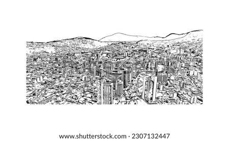 Building view with landmark of Quito is the capital in Ecuador. Hand drawn sketch illustration in vector.