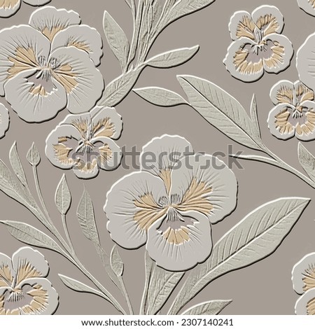3d embossed pansy flowers seamless pattern. Textured beautiful relief floral background. Repeat emboss backdrop. Surface flowers, leaves. 3d line art blossom flowers ornament with embossing effect. Royalty-Free Stock Photo #2307140241
