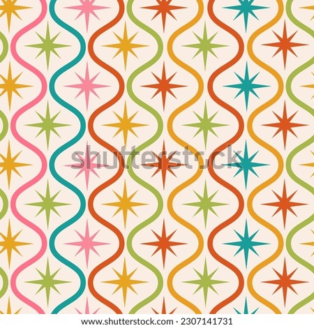 Mid century colorful starbursts on ogee shapes seamless pattern. For home décor, wallpaper, retro posters, textile and fabric Royalty-Free Stock Photo #2307141731