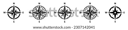 Compass icons set. Compass rose sign. Windrose symbol. Nautical wind rose icon. Vintage compass. Compasses for travel map. Navigation arrow symbols. Royalty-Free Stock Photo #2307142041