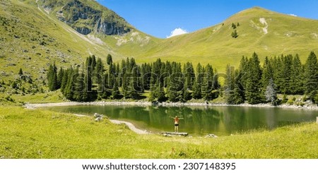 Panorama view of lake, mountain and forest in Switzerland- Happy woman with open arms in beautiful wild landscape