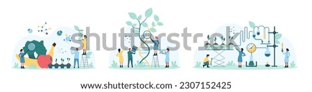 Science in agriculture, food safety set vector illustration. Cartoon tiny people look through magnifying glass at DNA, vegetables and fruits to research quality of products, grow plants with equipment Royalty-Free Stock Photo #2307152425