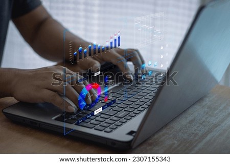 Analyst working with a computer and dashboard for data business analysis and Data Management System with KPI and metrics connected to the database for technology finance, operations, sales, marketing.