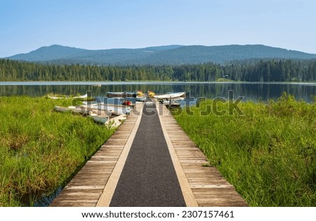 Wooden pier on the forest lake. Morning summer landscape at the Whonnock Lake BC. The shore of the lake with a wooden pier and tied boats. Concept of outdoor recreation. Wooden deck waterfront