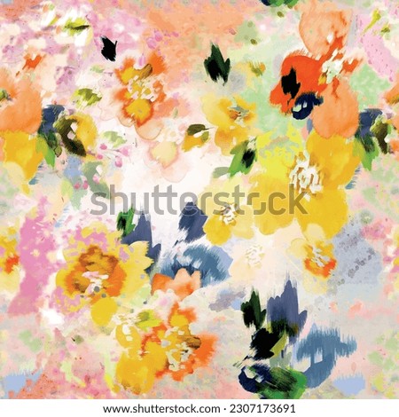 Seamless floral pattern with colorful watercolor background. Vector design of abstract leaves and flowers