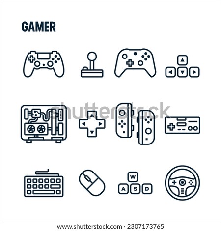Gamer icons. Gamer and streamer vector set. Linear icon design. Controls and peripherals. Royalty-Free Stock Photo #2307173765