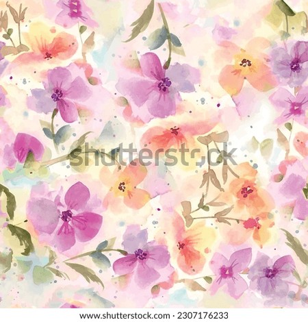 Seamless pattern of flowers with green leaf background on abstract colorful backdrop. Watercolor vector design of rose, hydrangea and daisy flowers