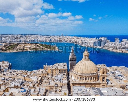 Aero Photography. View from flying drone.Panoramic cityscape of old town. Valletta, Malta.Top view 