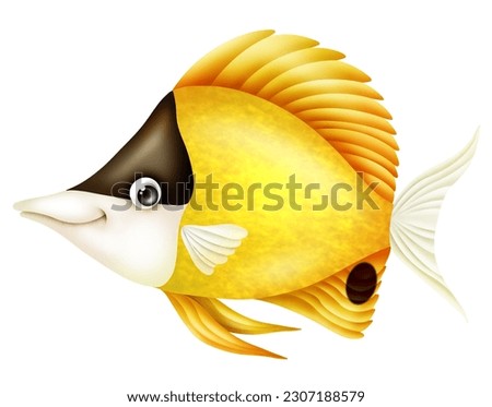 A cute yellow butterfly fish with white fins. Illustrations isolated on white background. Perfect for the design of children posters, textiles, greeting cards, invitations, baby shower, stickers.