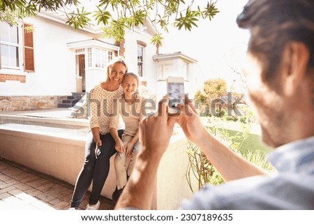 House, happy family love and cellphone photo of kid, mother or people with father taking Mothers Day picture. Home, photography and bonding mom, dad and child support, care and post to social media