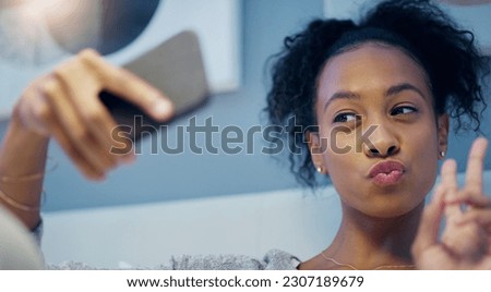 African woman, selfie and bed with peace sign in home, night or pout with icon on social media app. Influencer girl, content creator or photography for profile picture, web blog or update in bedroom
