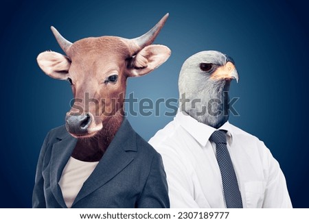 Bull head, stock markets and finance or eagle or animals pose or surrealism and on studio background. Abstract, power and capital growth or business attire or corporate cow and alpha falcon face
