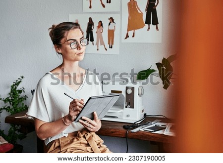Fashion, design and woman with tablet, thinking and creative ideas for small business process in studio. Creativity, textile and designer working on digital sketch with idea pattern and illustration.