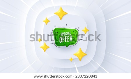 Special offer banner. Neumorphic offer 3d banner, coupon. Discount sticker shape. Sale coupon bubble icon. Special offer promo event background. Sunburst banner, flyer or poster. Vector Royalty-Free Stock Photo #2307220841