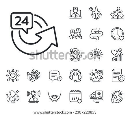 Repeat every day sign. Online doctor, patient and medicine outline icons. 24 hours service line icon. Refund symbol. 24 hours line sign. Veins, nerves and cosmetic procedure icon. Intestine. Vector Royalty-Free Stock Photo #2307220853