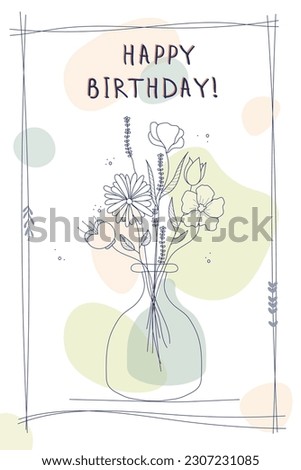 Flowers in a vase outline. Hand drawn vector illustration. Minimalistic happy birthday greeting card or background in watercolor tones Royalty-Free Stock Photo #2307231085