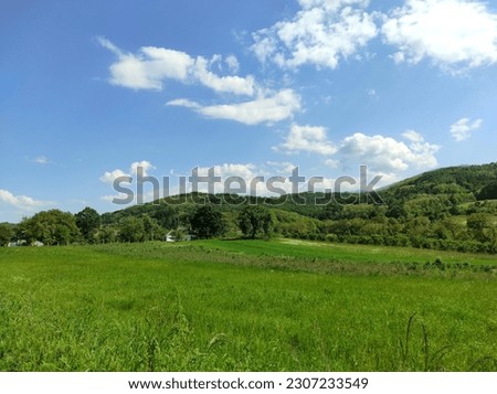 Landscape of hills, meadows and trees, view from a village in Serbia