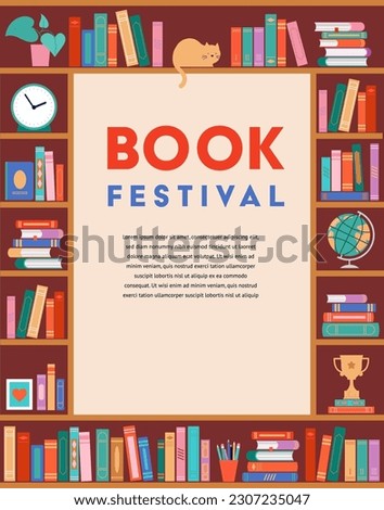 Bookshelf concept illustration for book festival and fair. A lot of books on the shelf, clock, cat, plant and globe Royalty-Free Stock Photo #2307235047