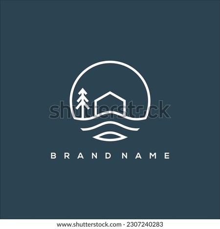 Line art lake house and pine tree logo vector Royalty-Free Stock Photo #2307240283