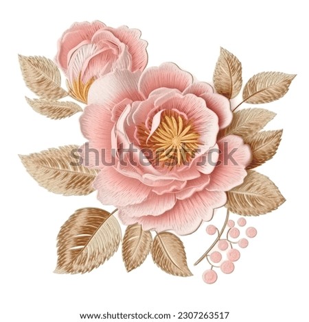 Bouquet of roses flowers. Embroidered rose flowers, gold leaves. Embroidery floral colorful vector background illustration. Tapestry beautiful stitch textured flowers. Stitching lines surface texture. Royalty-Free Stock Photo #2307263517
