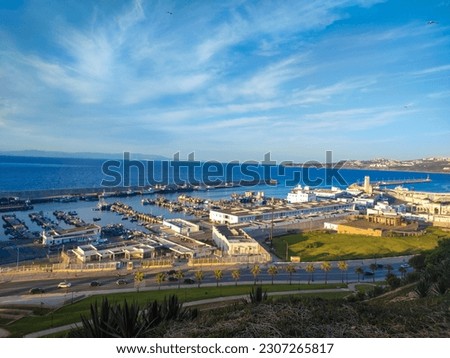 Tangier, Morocco  Tanger-Med Port as viewed from the centre of the city of Tangier  Morocco North Africa. Royalty-Free Stock Photo #2307265817