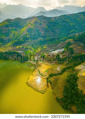 Aerial image of rice terraces in Muong Hum, Y Ty, Lao Cai province, Vietnam. Landscape panorama of Vietnam, terraced rice fields Heart of Muong Hum. Spectacular rice fields. Stitched panorama shot