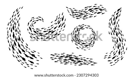 Shoal and fish school silhouettes. Marine and underwater life, ocean nature and ecology, seafood and fishing industry vector symbols or background with tuna or salmon fish line, round and wave shoals