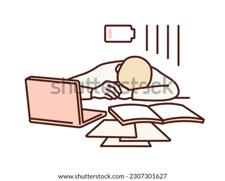 Out of charge. Clip art of a man plopped down at his office desk because he is so tired.