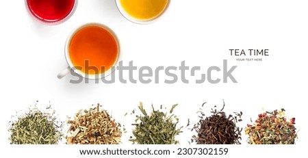 Creative layout made of cup of tea, green tea, black tea, fruit and herbal tea, sencha, ginger on white background.Flat lay. Food concept. Royalty-Free Stock Photo #2307302159