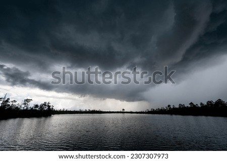 Dark storm clouds and rain forming over Pine Glades Lake in Everglades National Park, Florida. Royalty-Free Stock Photo #2307307973