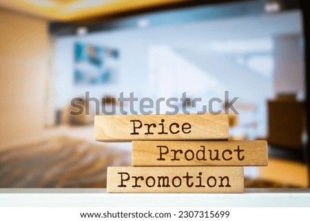 Wooden blocks with words 'Price product promotion'. Marketing sales concept