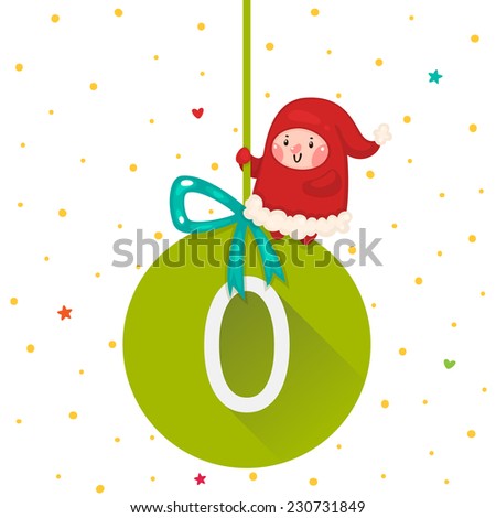 Christmas green ball and Elf, number Zero, vector.