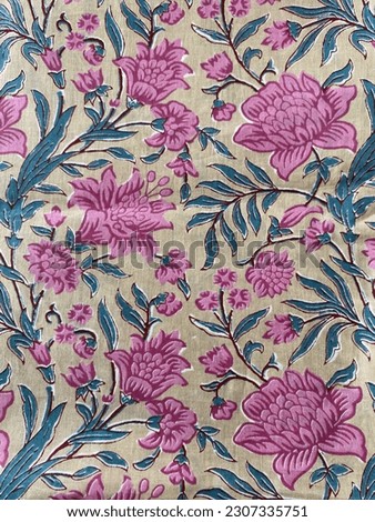Pink and green floral Jaipuri cotton block printed fabric