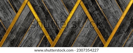 Vintage chared floor boards herringbone wood texture with golden inlay Royalty-Free Stock Photo #2307354227
