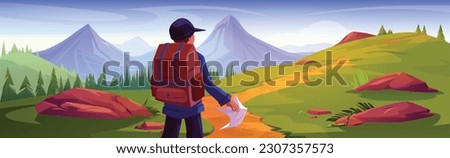 Man travel and explore mountain adventure vector. Tourist character trekking and discovery nature with backpack on wilderness path cartoon landscape illustration. Young guy explorer mountaineering
