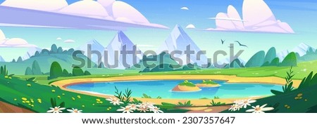 Spring mountain landscape with lake and colorful flowers. Vector cartoon illustration of majestic rocky peaks, green hills and valley, blue pond under sunny sky with clouds. Vacation banner design Royalty-Free Stock Photo #2307357647