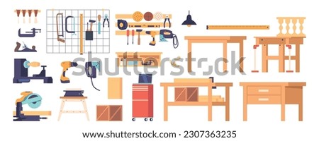 Carpentry Workshop Items Set. Workbench, Saw, Hammer And Chisel, Screwdriver, Drill, Measuring Tape Or Pliers Royalty-Free Stock Photo #2307363235