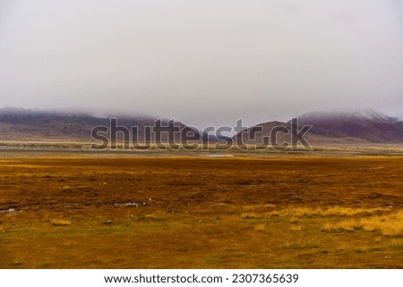 dry desert, withered grass field, the mountain and cloud sky at Tso Kar lake, Beautiful scenery along the way at Ladakh, India. The Tso Kar or Tsho kar is a fluctuating salt lake 