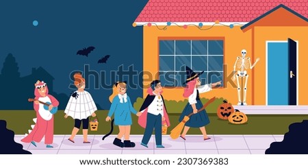Children party flat concept with kids in halloween costumes vector illustration Royalty-Free Stock Photo #2307369383