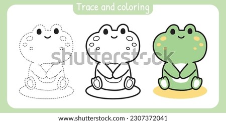 Trace and coloring page for kid.Painted book.Cute frog cartoon sit on white background.Reptile animal hand drawn.Student.School.Kawaii.Vector.Illustration.