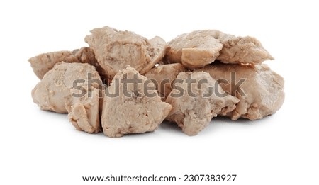 Pieces of tasty cod liver on white background