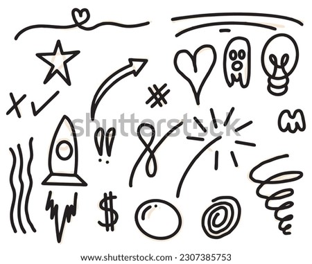 doodle set hand drawn, star, cross, rocket, love , vector illustrator